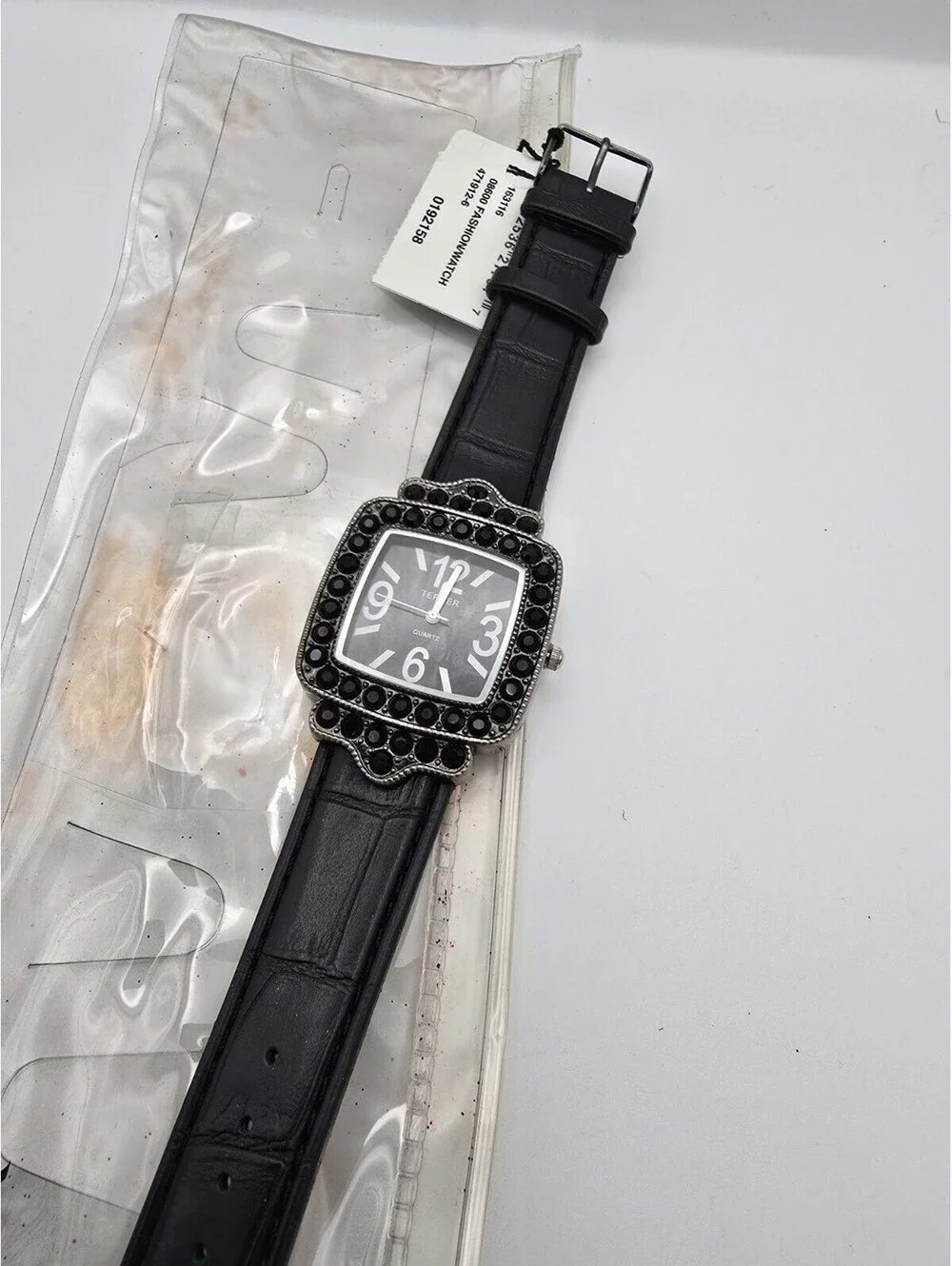 Bijoux Terner QA3368L Ladies Square Black Rhinestone Bezel Quartz Watch Leather